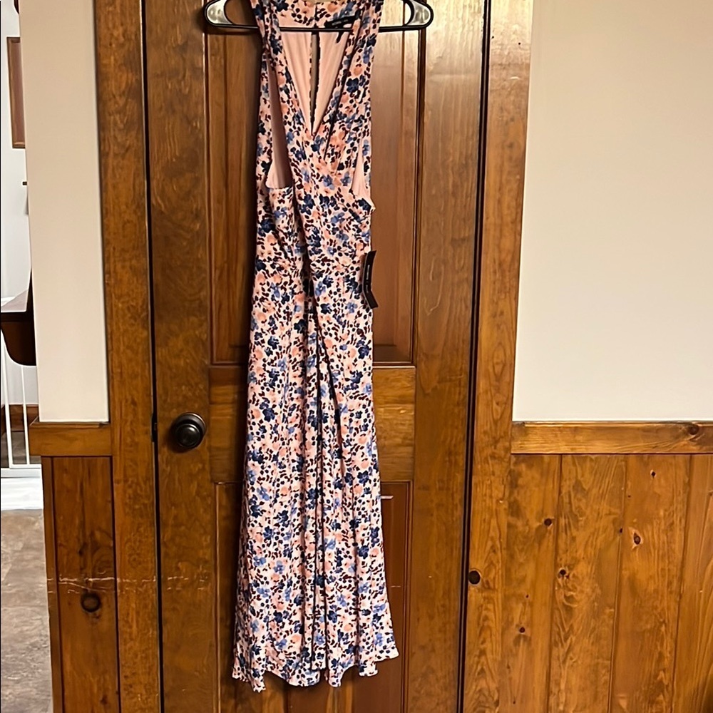 BCBG Pink and Navy Floral Wrap-Style Midi Dress
